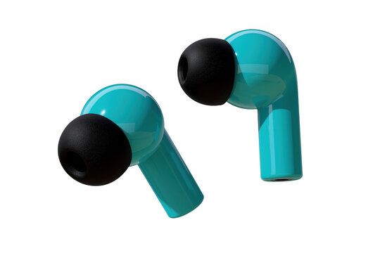 Teal true wireless earphones with dark silicone tips for portable audio, isolated on transparent background
