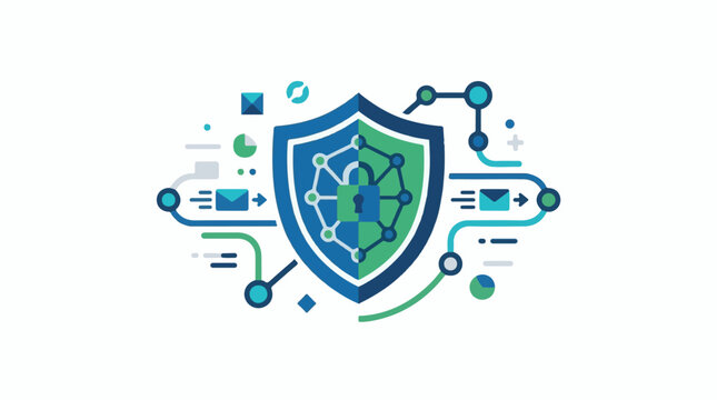 A blue and green shield with a network inside surrounded by various icons