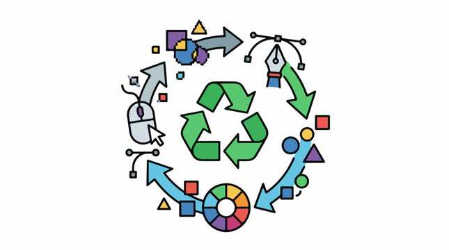 A colorful graphic illustrating a cycle with arrows and shapes