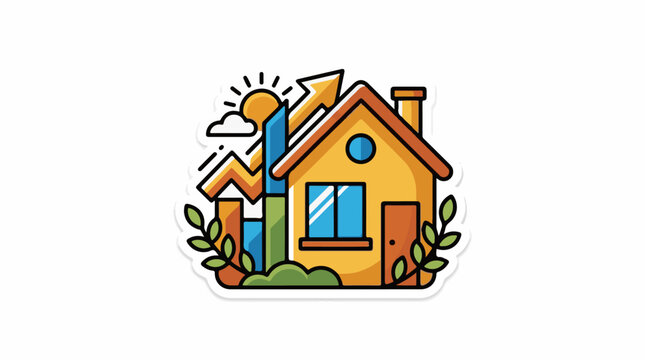 A colorful cartoon house with a graph and sun
