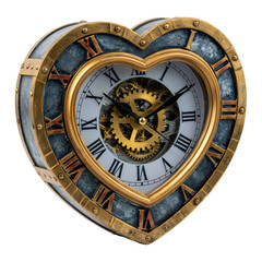Obraz premium Romantic mechanical timepiece in a heart shape with visible gears and vintage brass accents, isolated on transparent background 
