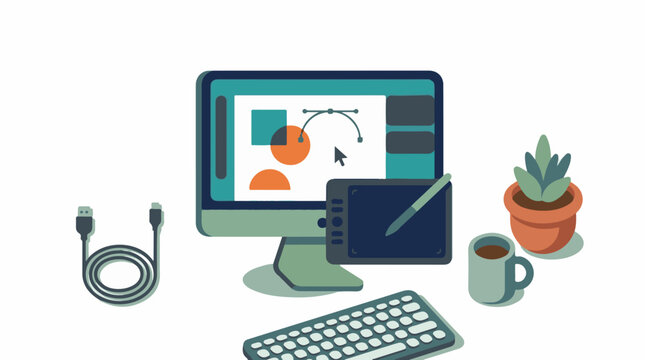 A computer setup with monitor keyboard graphic tablet and coffee cup on a desk