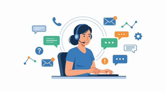 A woman wearing a headset sits at a computer with various communication icons around her