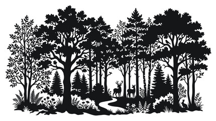 Fototapeta premium Forest Silhouette: Deer, Trees, Plants, and Wildlife Path
