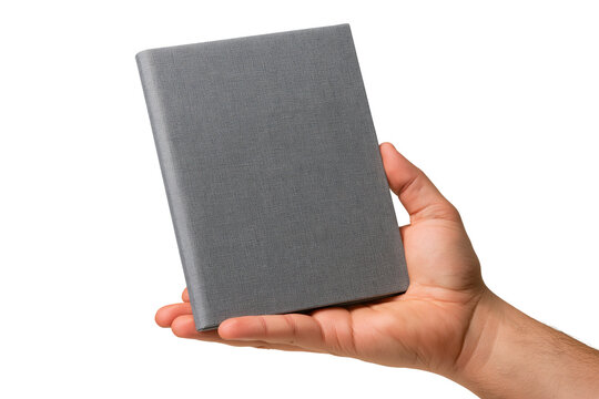 Outstretched hand presenting a slim gray notebook or tablet for business and communication concepts, isolated on transparent background
