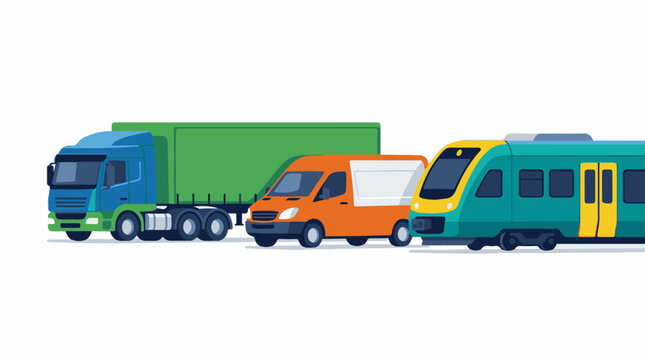 A colorful illustration of a blue semi-truck orange van and green train on a white background