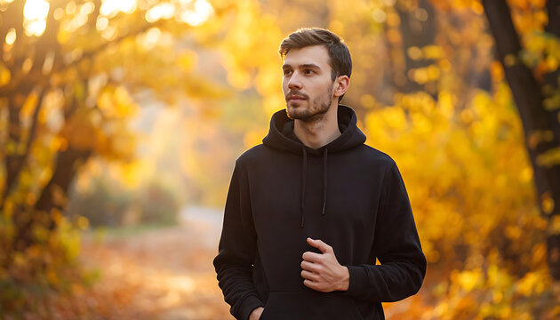 Young man in a black hoodie standing in an autumn park, golden hour light filtering through yellow leaves, looking to the side with a thoughtful expression