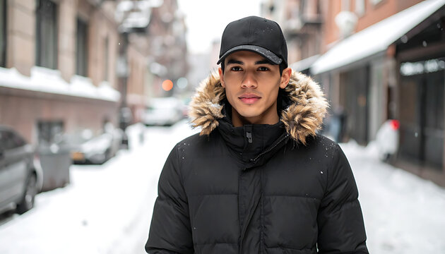 Young man in a winter jacket with fur-lined hood, standing on a snow-covered city street, gentle snowfall, urban winter scene