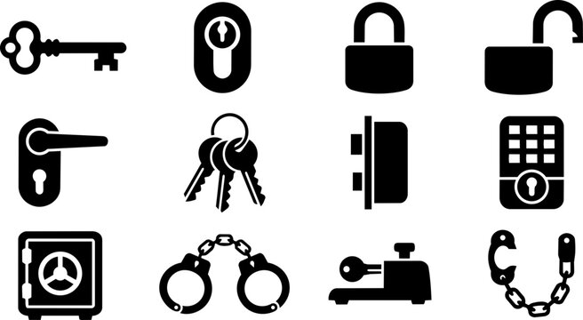 Locksmith and Door Security Silhouette Icon Set
