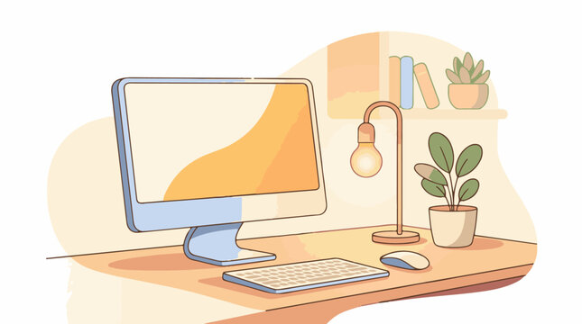 A computer monitor keyboard mouse and lamp on a desk with a plant