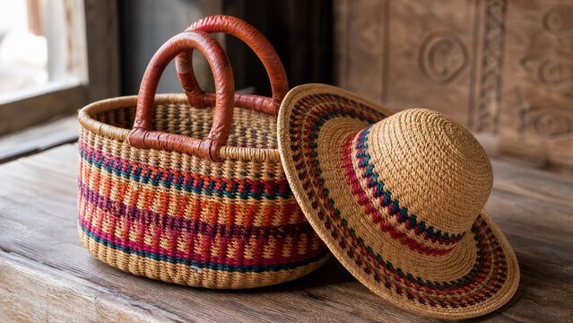 Close-up of handwoven raffia basket and hat with vibrant patterns.
