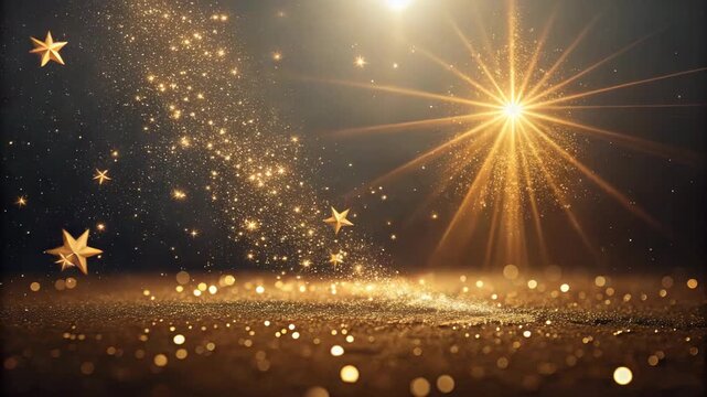 Golden particles drift across a sparkling ground with a luminous starburst light source