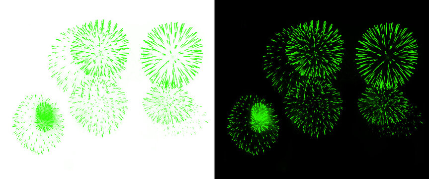 Green fireworks display on white and black backgrounds, vibrant pyrotechnic explosions, festive neon green firework bursts for celebration design