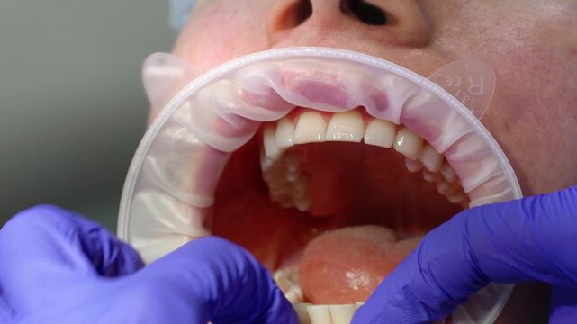 Close-up of a dentist wearing blue gloves putting a mouth retractor on a patient before dental procedures