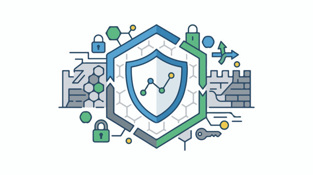 A shield surrounded by arrows locks and keys on a molecular background