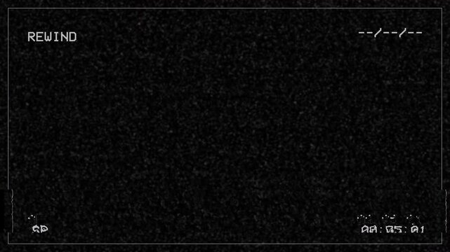 Old Damaged vhs rewind screen with heavy static and digital timecode
