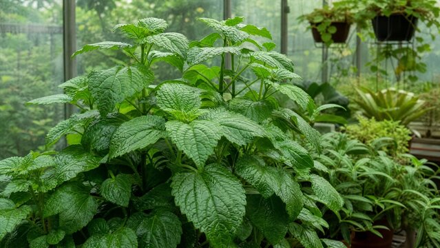 A lush green patchouli plant with broad, textured leaves growing in a humid greenhouse.