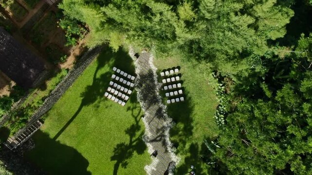 Aerial shot of beautiful wedding venue surrounded by green trees in Ubud, Bali