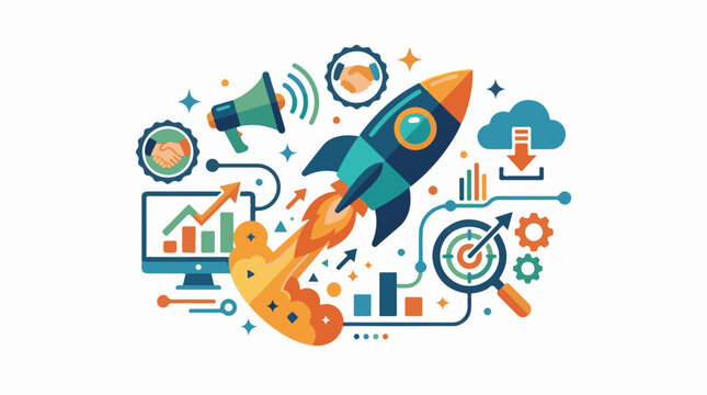A colorful infographic featuring a rocket surrounded by business and technology icons (1)