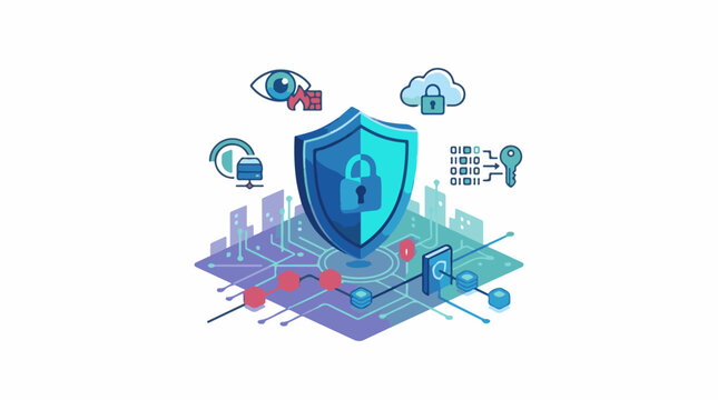 A shield with a lock surrounded by various digital security icons