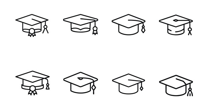 Convocation cap outline icons set, academic medal, square top, ceremonial ribbon, minimalist hat & more vector illustration with editable stroke.