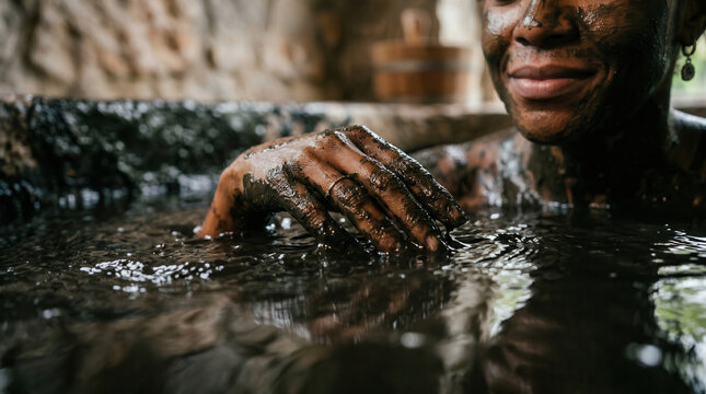 Smiling woman enjoying therapeutic mud bath treatment at spa.