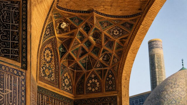 Architectural detail of a squinch supporting a dome with geometric patterns.