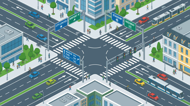 Isometric city intersection with heavy traffic and public transport