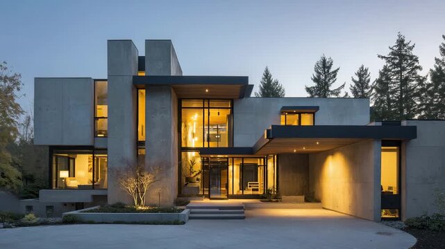 Contemporary exterior with bold geometric volumes concrete glass daylight architectural focus