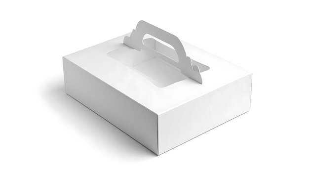 Isolated white bakery box with transparent window and integrated handle, ready for customization