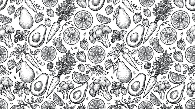 Vintage linocut style seamless pattern with healthy fresh fruits and vegetables sketches isolated on white background vector illustration for menu design