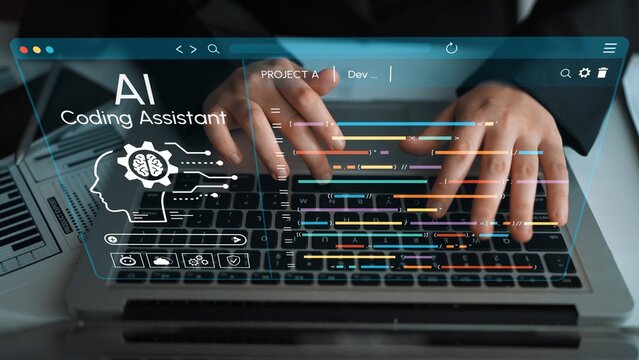 Hands Typing on Laptop with AI Coding Assistant Overlay and Colorful Code Lines on a Table in a Modern Office Setting. Entropy.