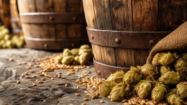 Close-up of weathered wooden barrels with scattered barley grains and dried hops.
