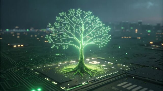 Luminous digital tree growing on circuit board with glowing roots during stormy night cityscape background cinematic motion