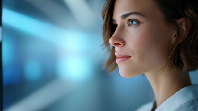 Confident young woman with short brown hair stands in a futuristic office environment, eyes closed in peaceful contemplation. Modern blue lighting creates a serene, innovative atmosphere