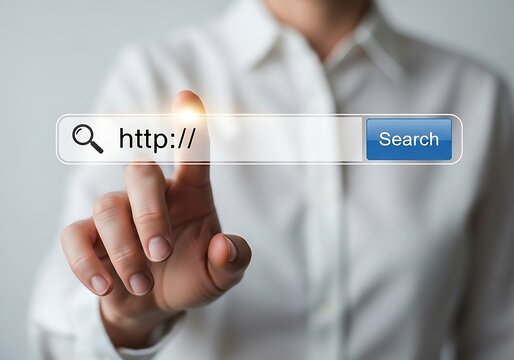 Man interacting with a search bar on a computer screen with finger