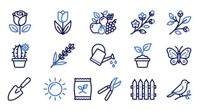 Flower and Gardening Line Icon Set. Rose, Tulip, Bouquet, Cactus, Lavender, Watering Can and Sprout Outline Symbols for Florist Services. Editable Stroke, Blue Duotone