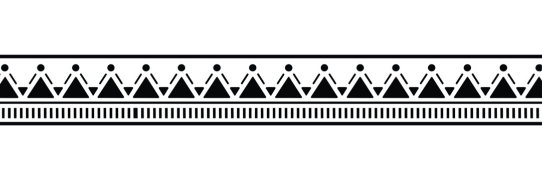 Geometric Tribal Border. A repeating pattern of stylized human figures and geometric shapes creates an ethnic border design. decorative line, ethnic pattern, abstract element, minimalist design.
