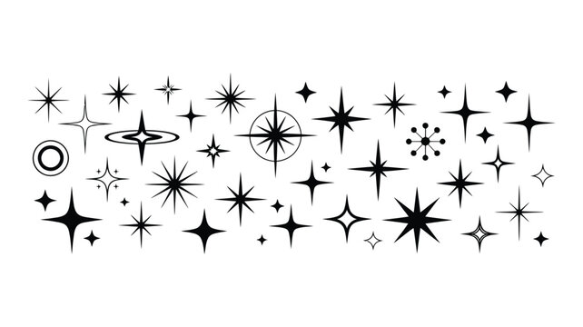 Y2K star sparkle bling abstract tattoo shapes, simple minimal geometric signs in retro 2000s style, decorative glitter burst icons, chrome-inspired aesthetic elements, trendy nostalgic fashion symbols