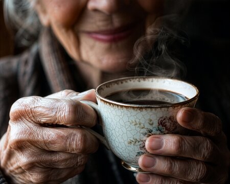 Elderly woman's wrinkled hands holding steaming cup of coffee, close-up shot, concept of cozy moments and simple pleasures in old age