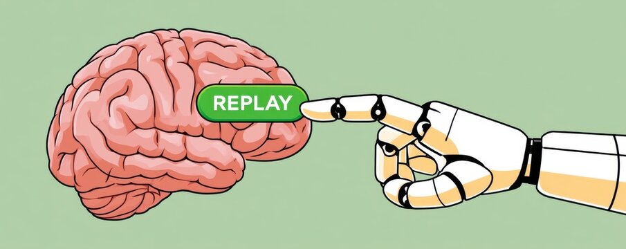 Robot hand pressing replay button on human brain concept for AI memory and cognitive replay
