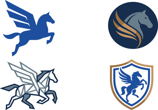 Elegant Pegasus Flying Horse Logo Set with Geometric Line Art Shield Badge and Circular Emblem Symbols for Premium Business Identity and Financial Branding Designs