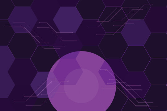 Dark purple background, with hexagon grid, pattern, interconnected circuit, lines, and a, centralized circle