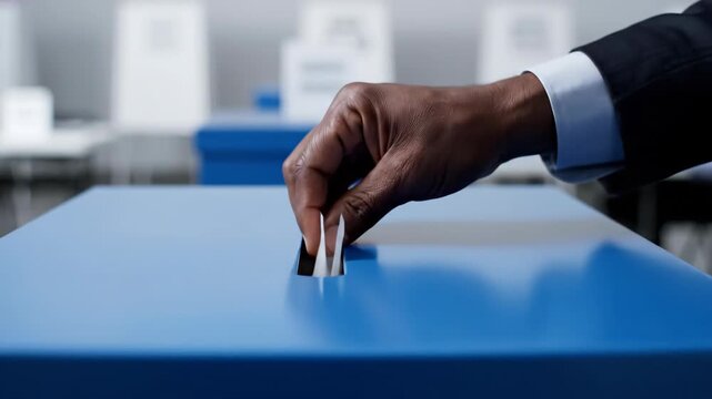 Close up of a hand casting a vote into a blue ballot box during an election.