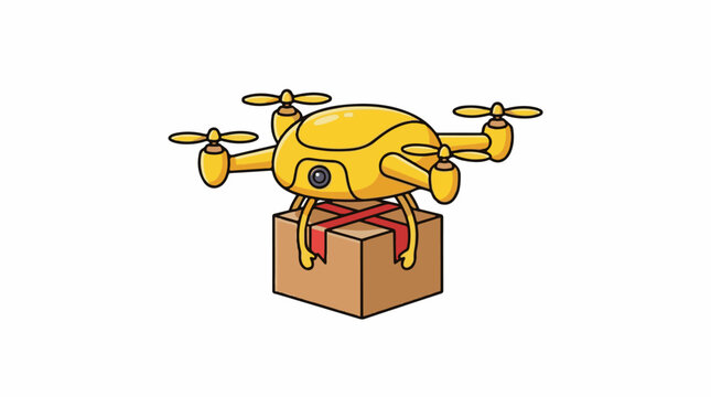 A yellow drone delivering a brown package with red straps
