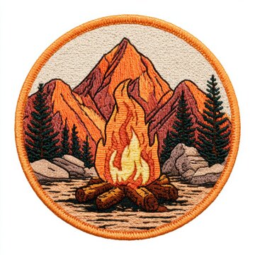 Design shows a campfire surrounded by mountains and pine trees in amber colors, ideal for outdoor activities and adventures
