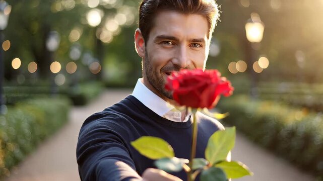 Handsome man offering a red rose to the camera in a park. Smiling young male giving a flower in a romantic point-of-view shot. Valentine's Day dating concept
