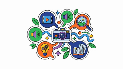 Fototapeta premium Colorful icons of media, camera, lightbulb, book and nature