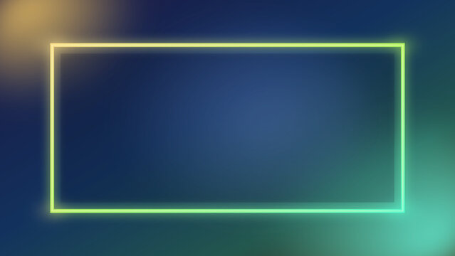 Abstract digital art of translucent autumn leaves surrounding a glowing neon rectangle frame on a dark blue and teal gradient background