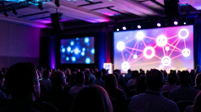 Audience watching presentation on large screens with network diagram conference